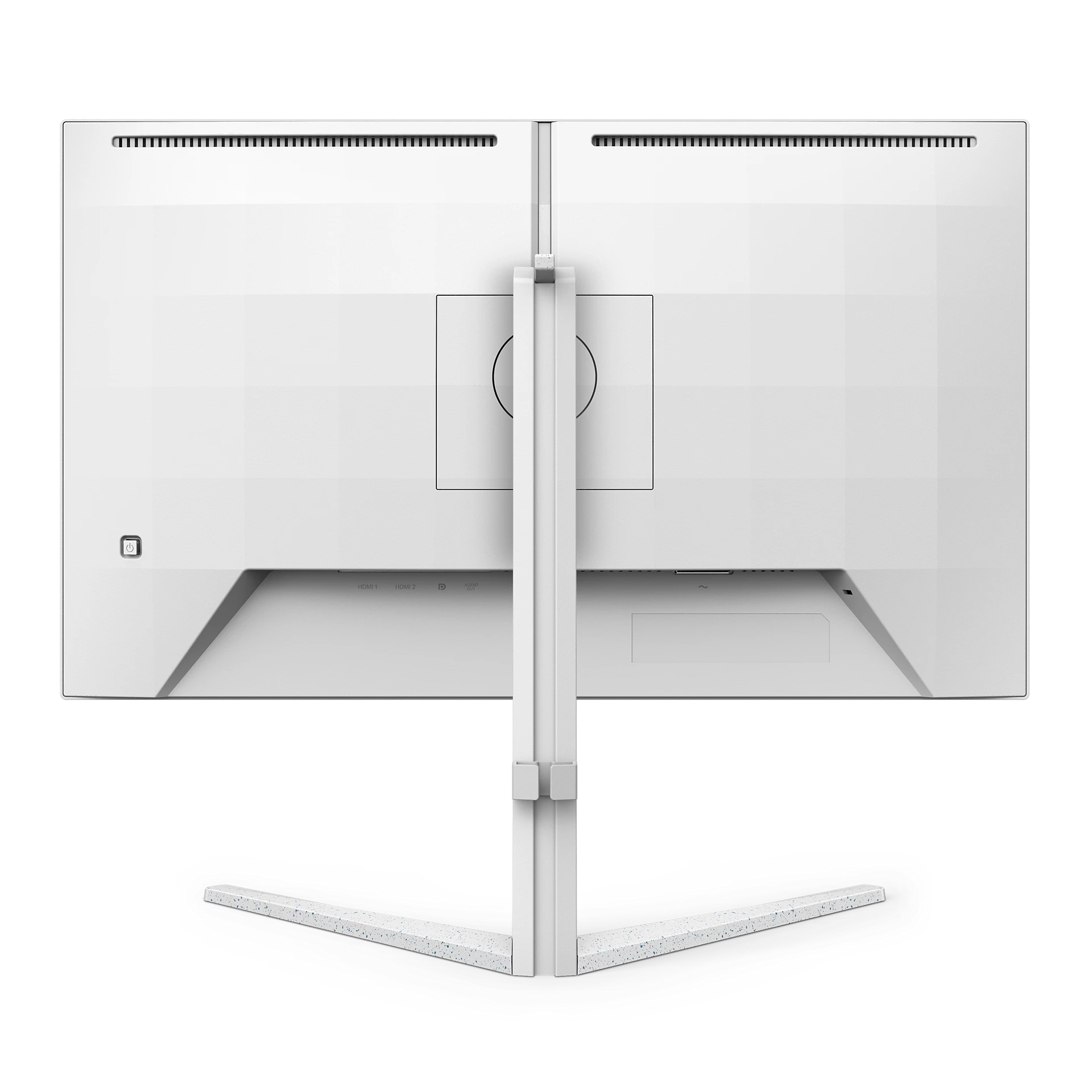 Vista trasera de monitor blanco. Tiene soporte, ventilación y puertos. La base es de diseño moteado y claro.