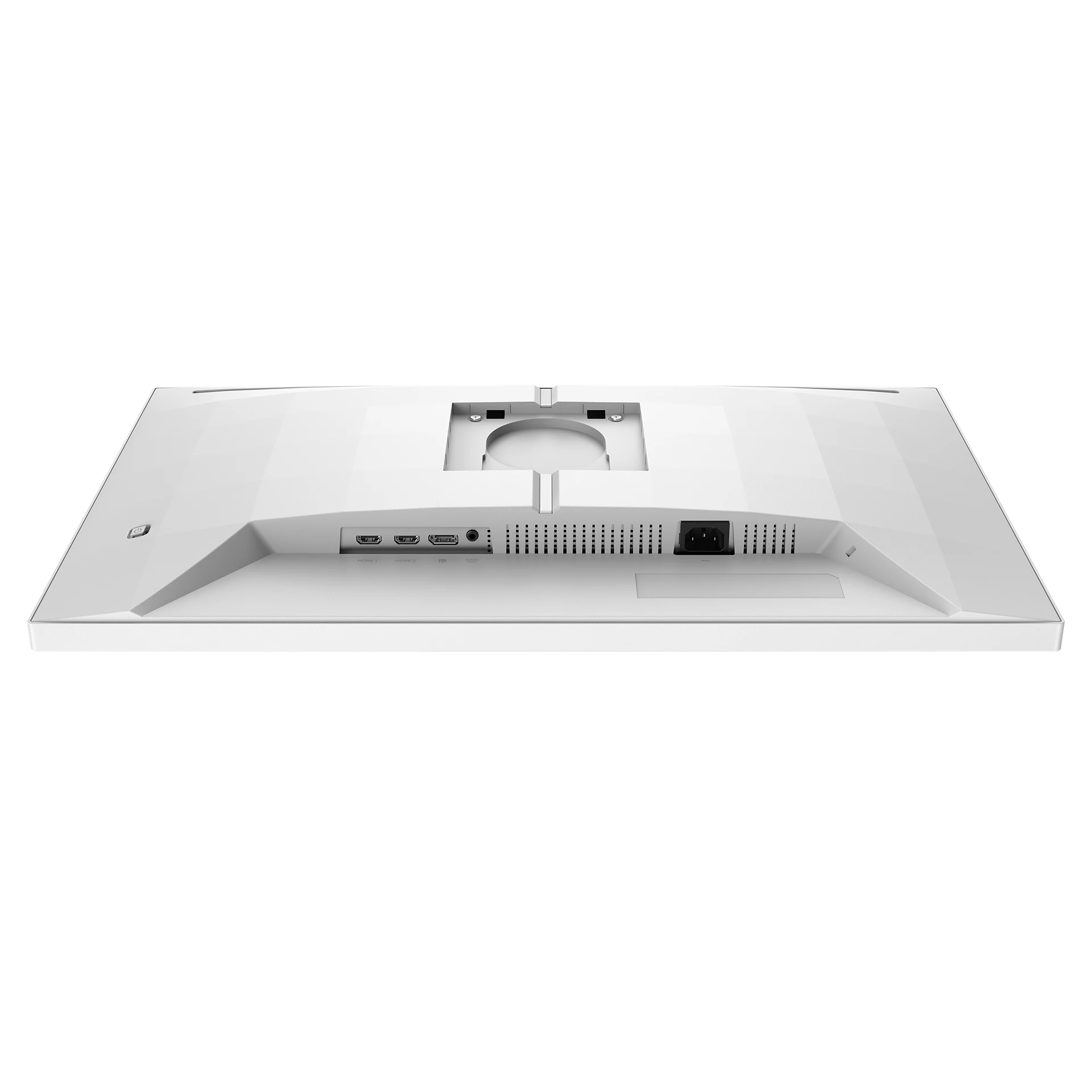 Parte trasera de monitor blanco con puertos. Fondo negro.