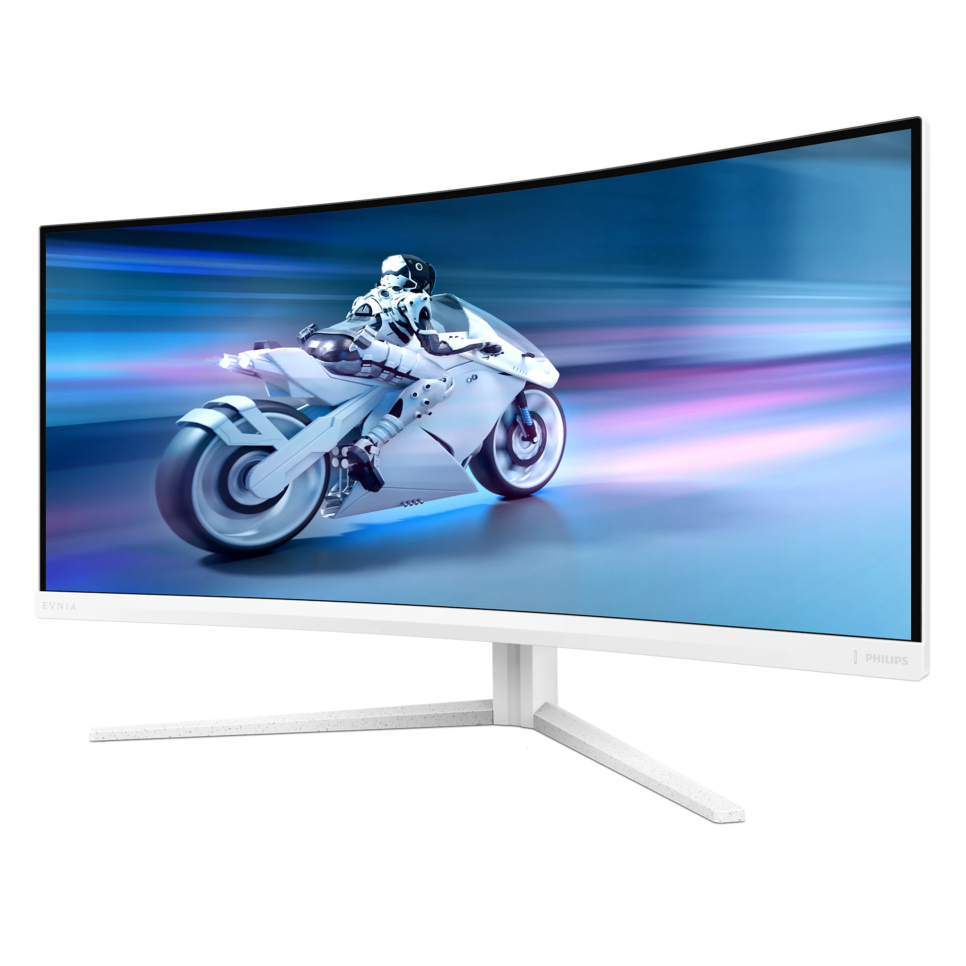 El monitor curvo blanco muestra una motocicleta futurista con un piloto sobre un fondo azul y morado.