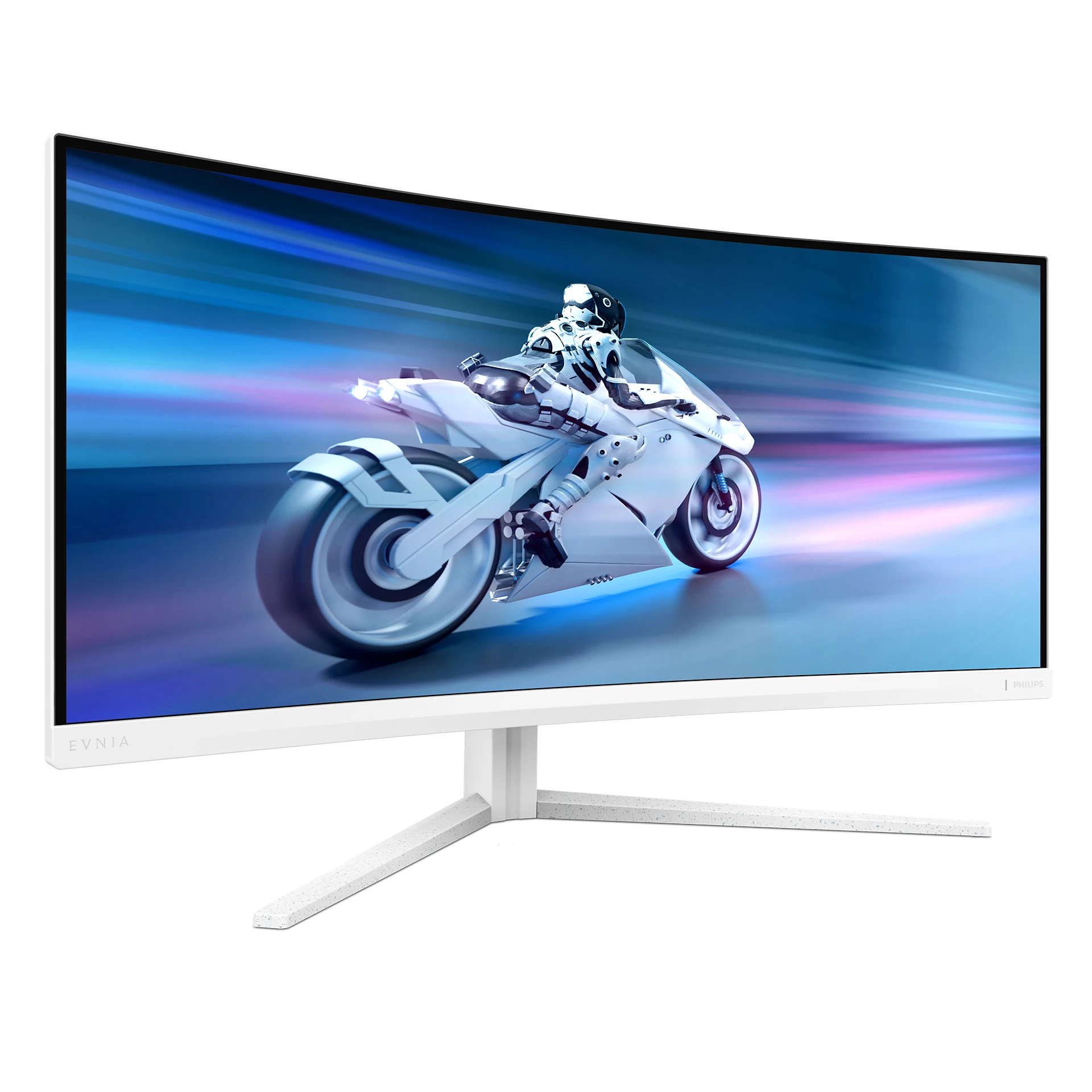 Monitor curvo blanco con un corredor de motos en la pantalla.
