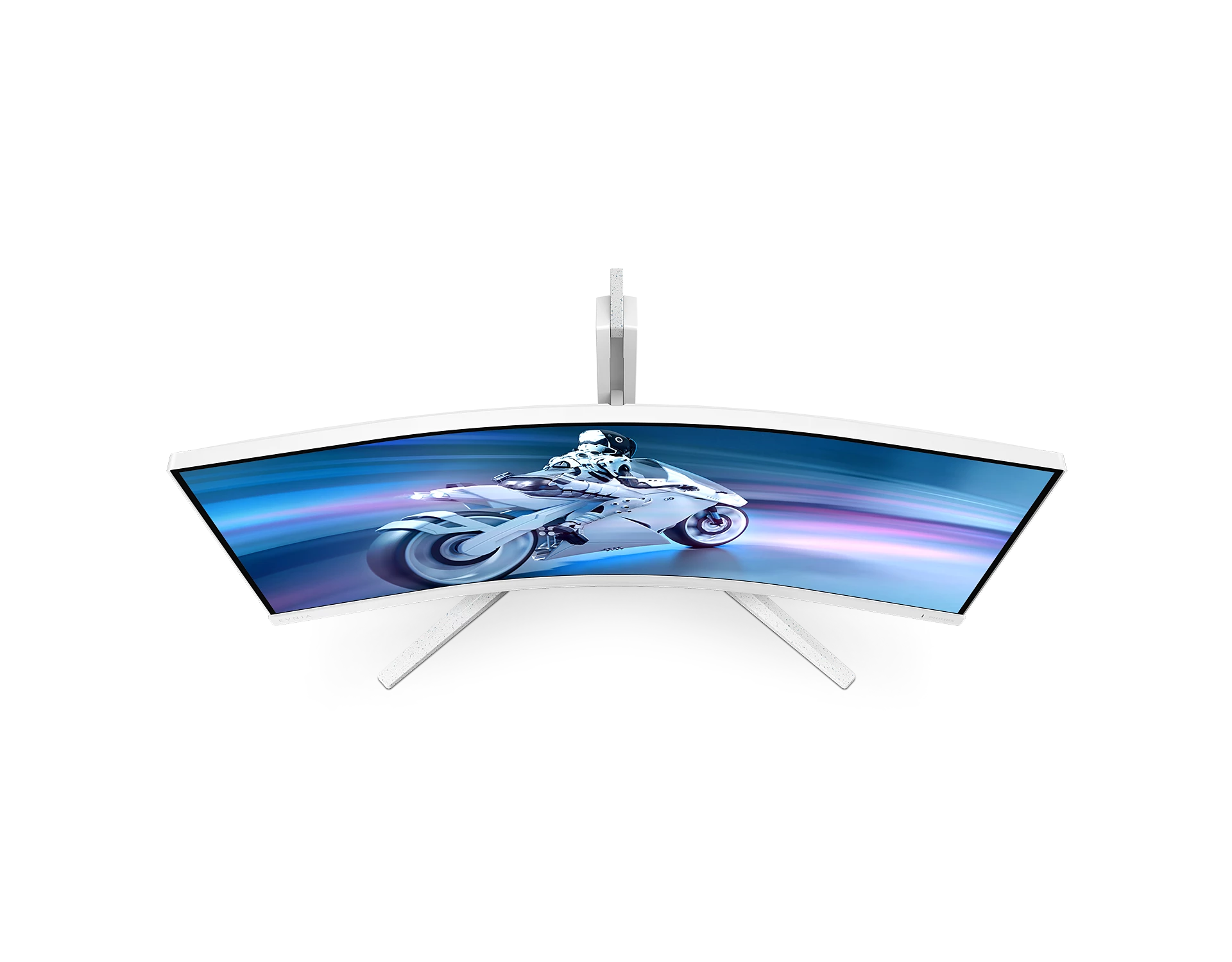Monitor blanco curvo que muestra una escena de carreras de motos. El monitor está sobre un soporte blanco sobre un fondo negro.