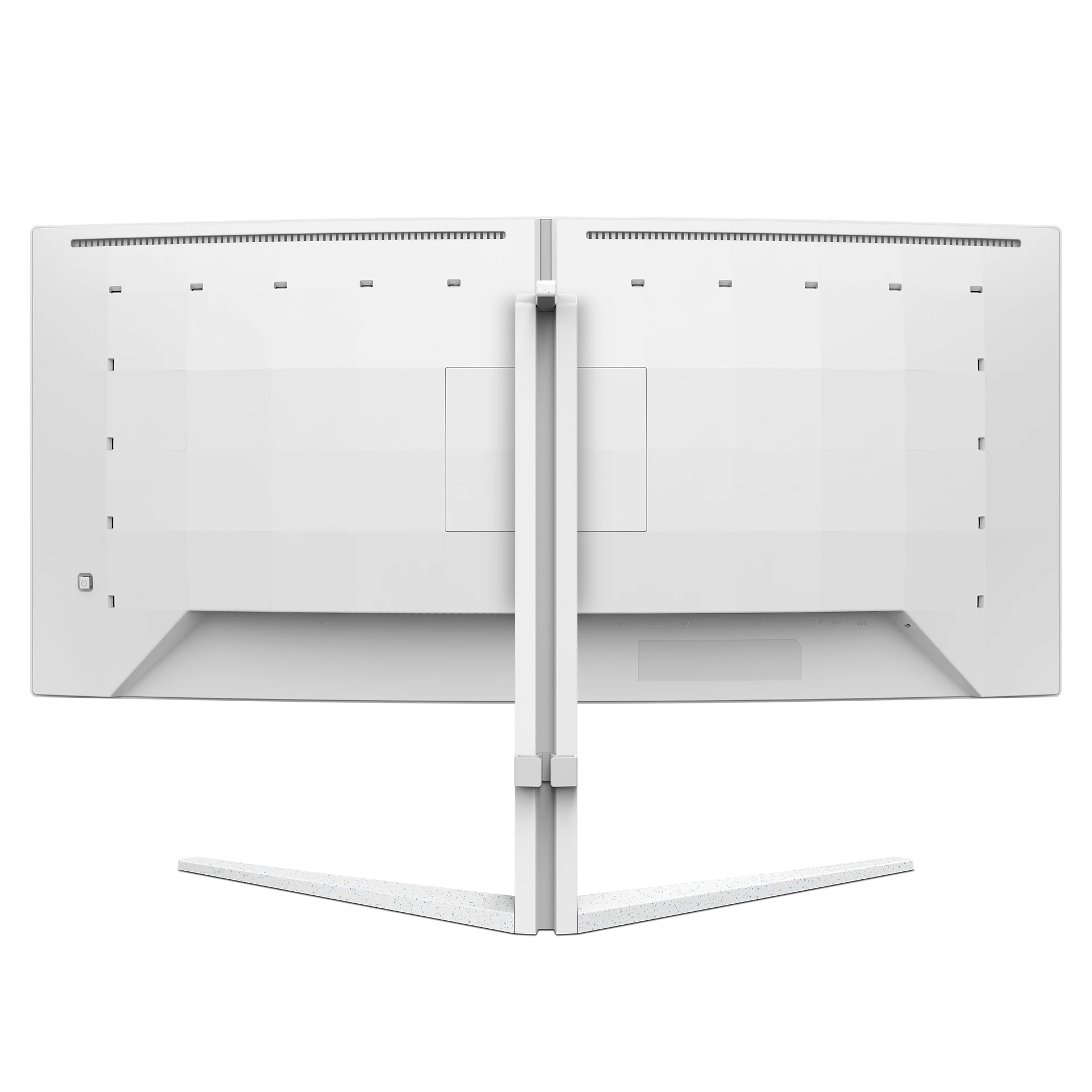 Vista posterior de un monitor de computadora blanco con soporte. Tiene un diseño limpio, ideal para la claridad visual.