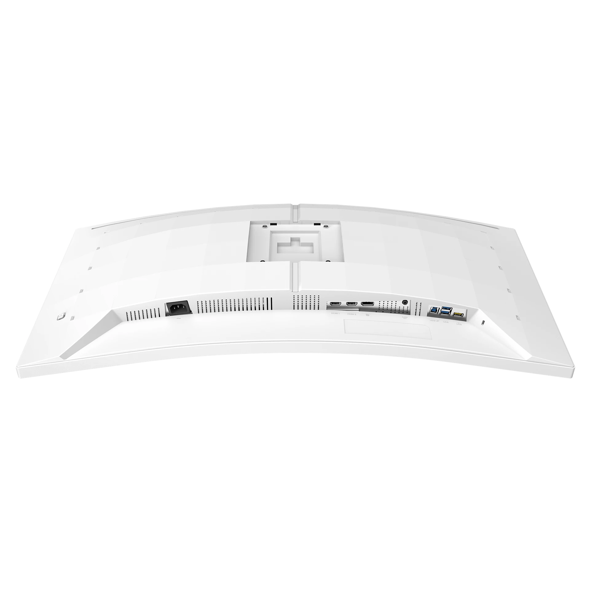 Parte trasera de un monitor blanco curvo con puertos y conexión de alimentación visibles.