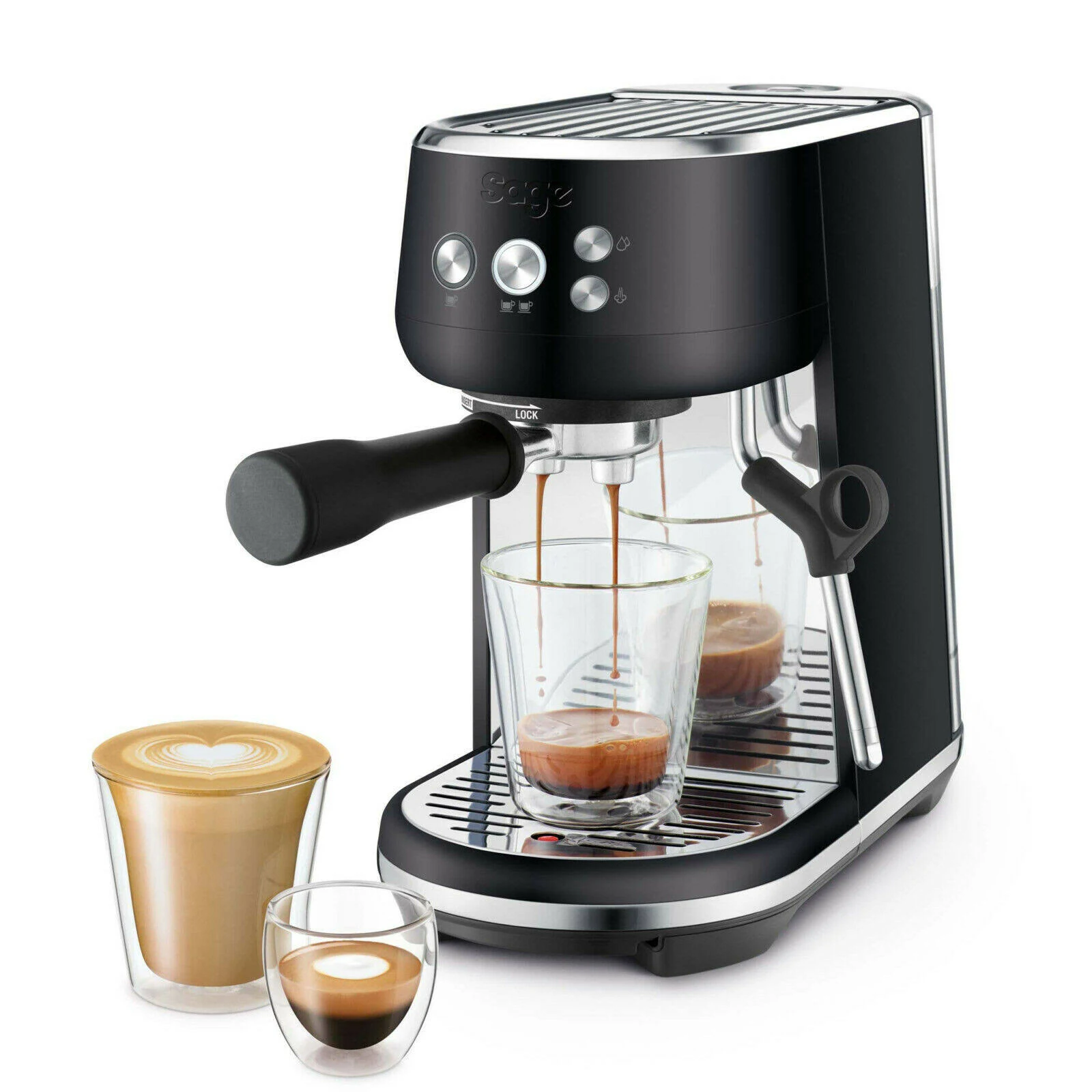 Cafetera espresso negra con tazas de café.
