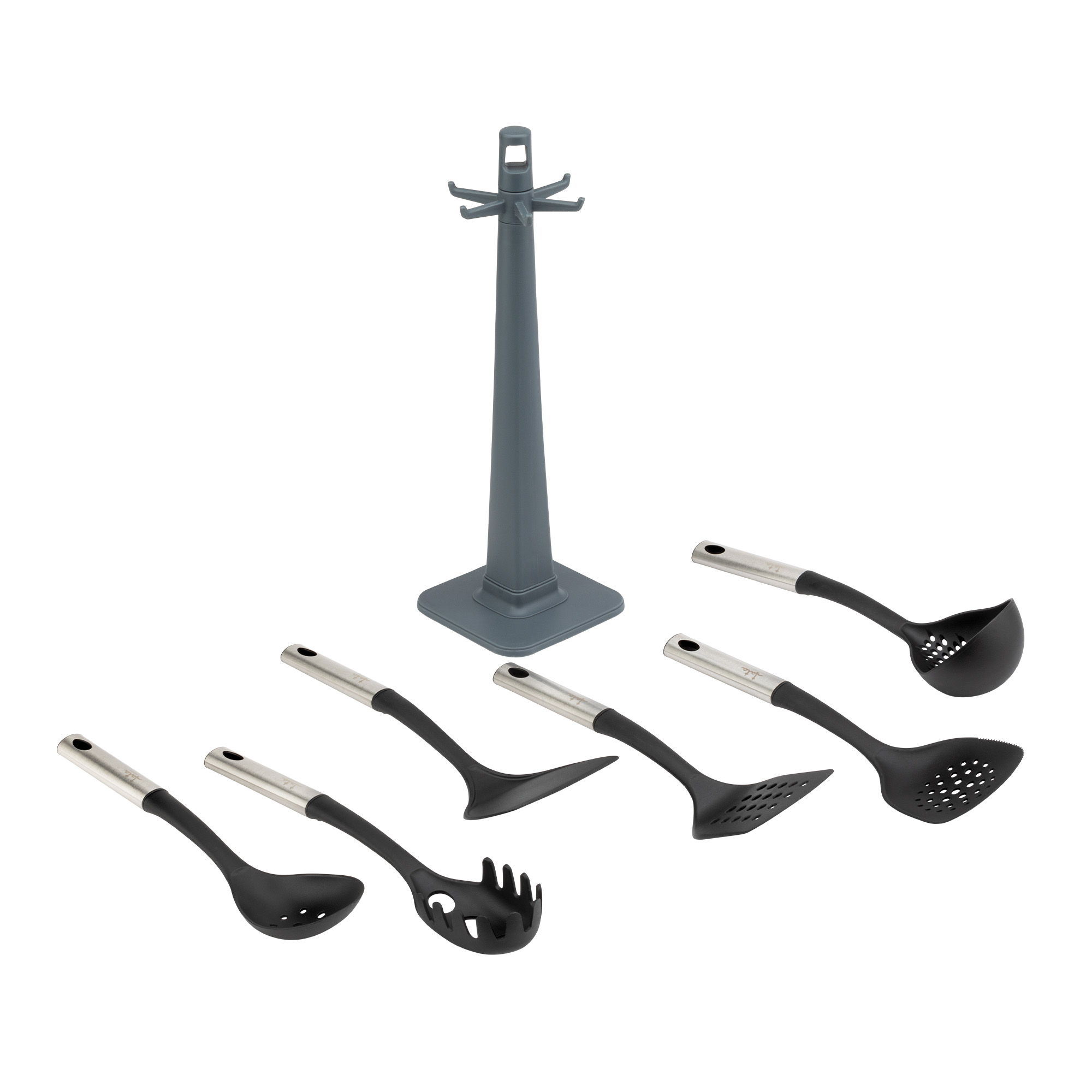Juego de utensilios de cocina. Incluye un soporte, cucharones, una cuchara ranurada y más.