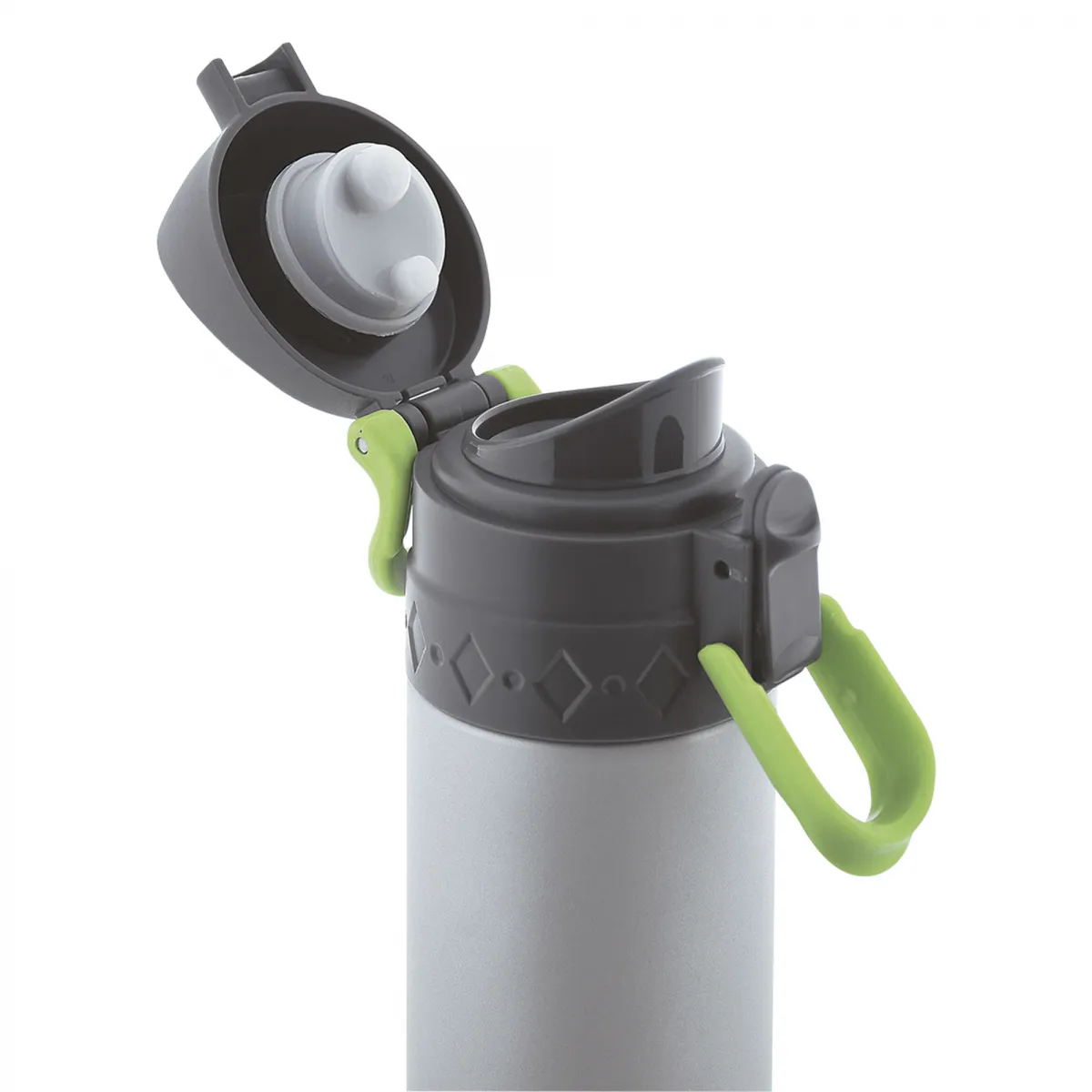 Una botella de agua plateada con tapa gris oscuro y asa verde, abierta.