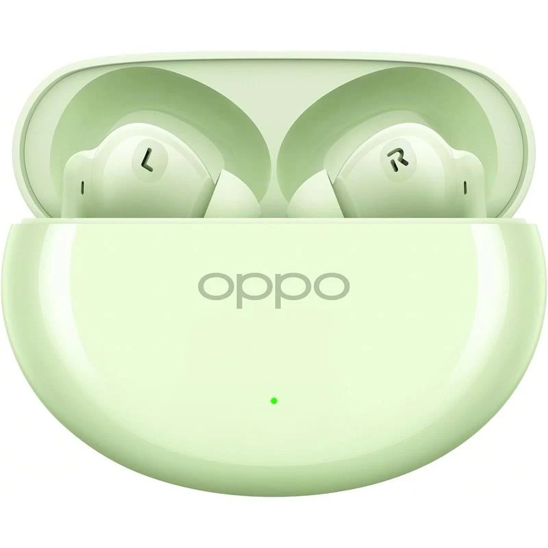 Auriculares Oppo verdes en un estuche verde, fondo blanco.