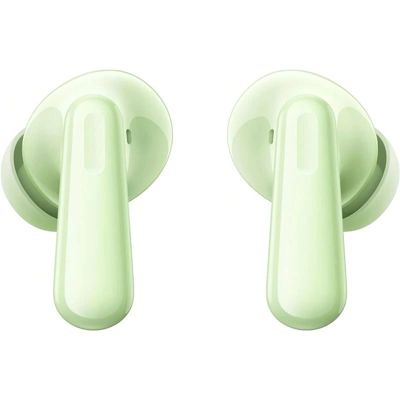 Dos auriculares inalámbricos verde claro. Diseño simple. Fondo blanco.