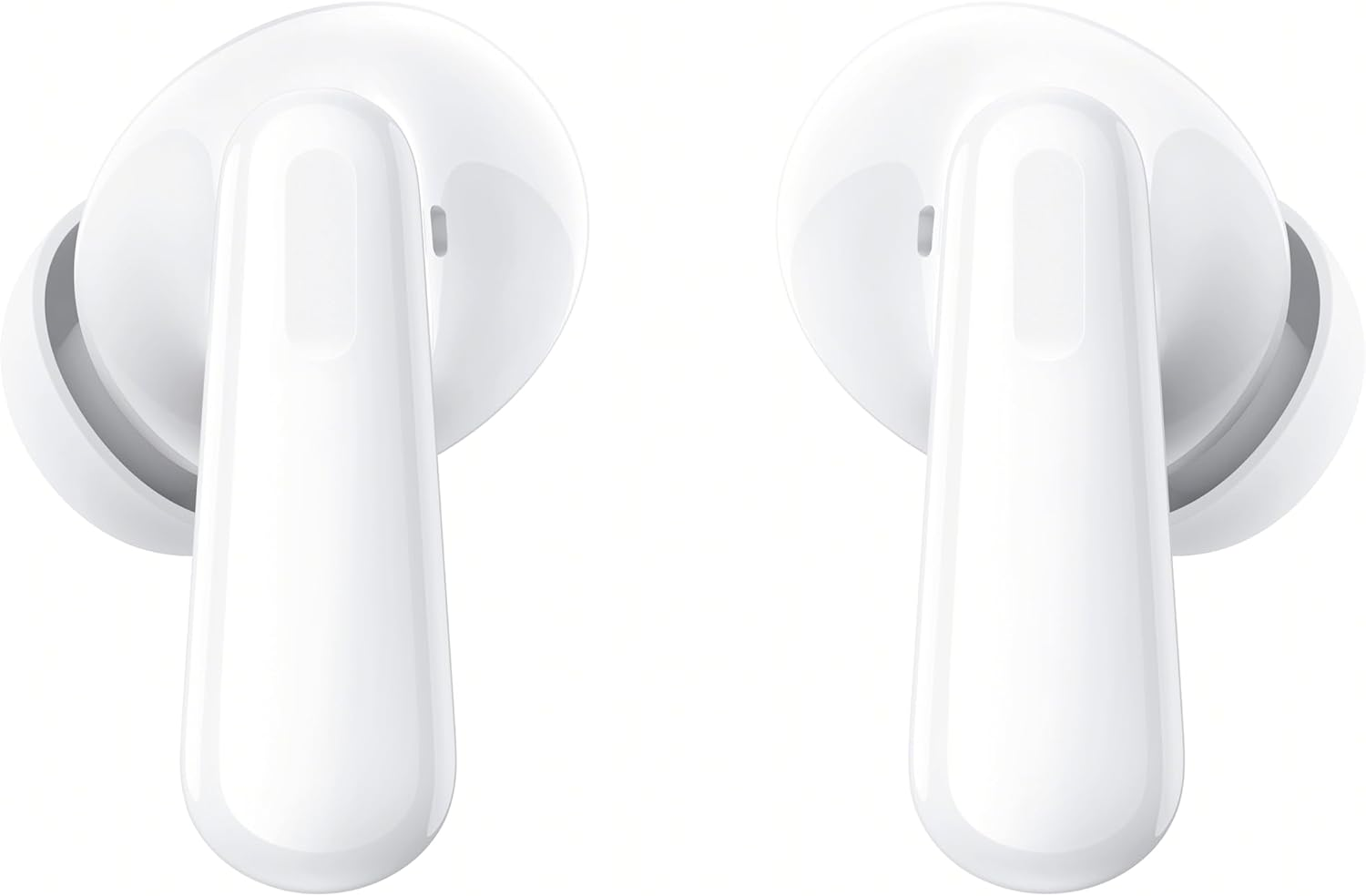 Dos auriculares blancos con tallos largos. Los auriculares están sobre una superficie blanca.
