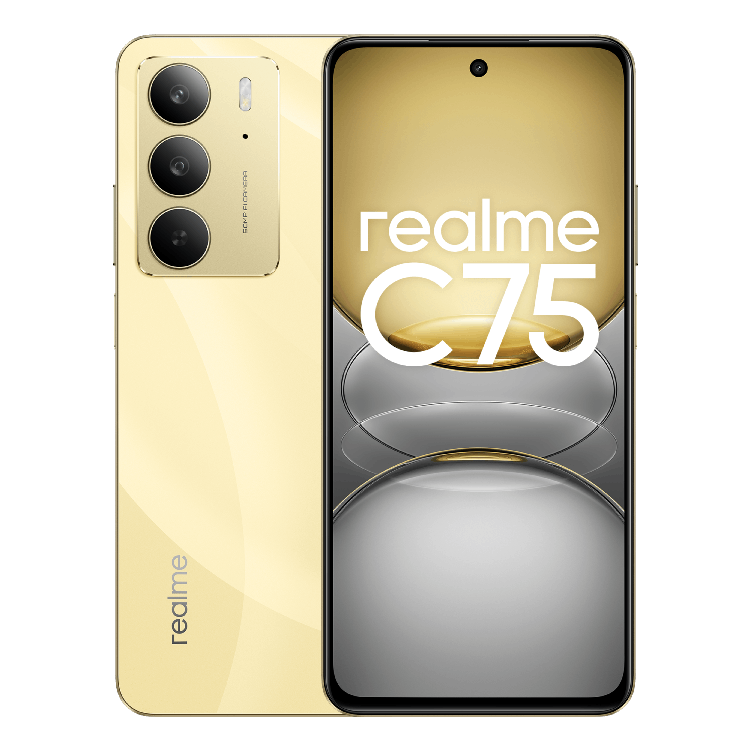 Smartphone dorado Realme C75, mostrando la parte trasera con cámaras y la frontal con la pantalla encendida.