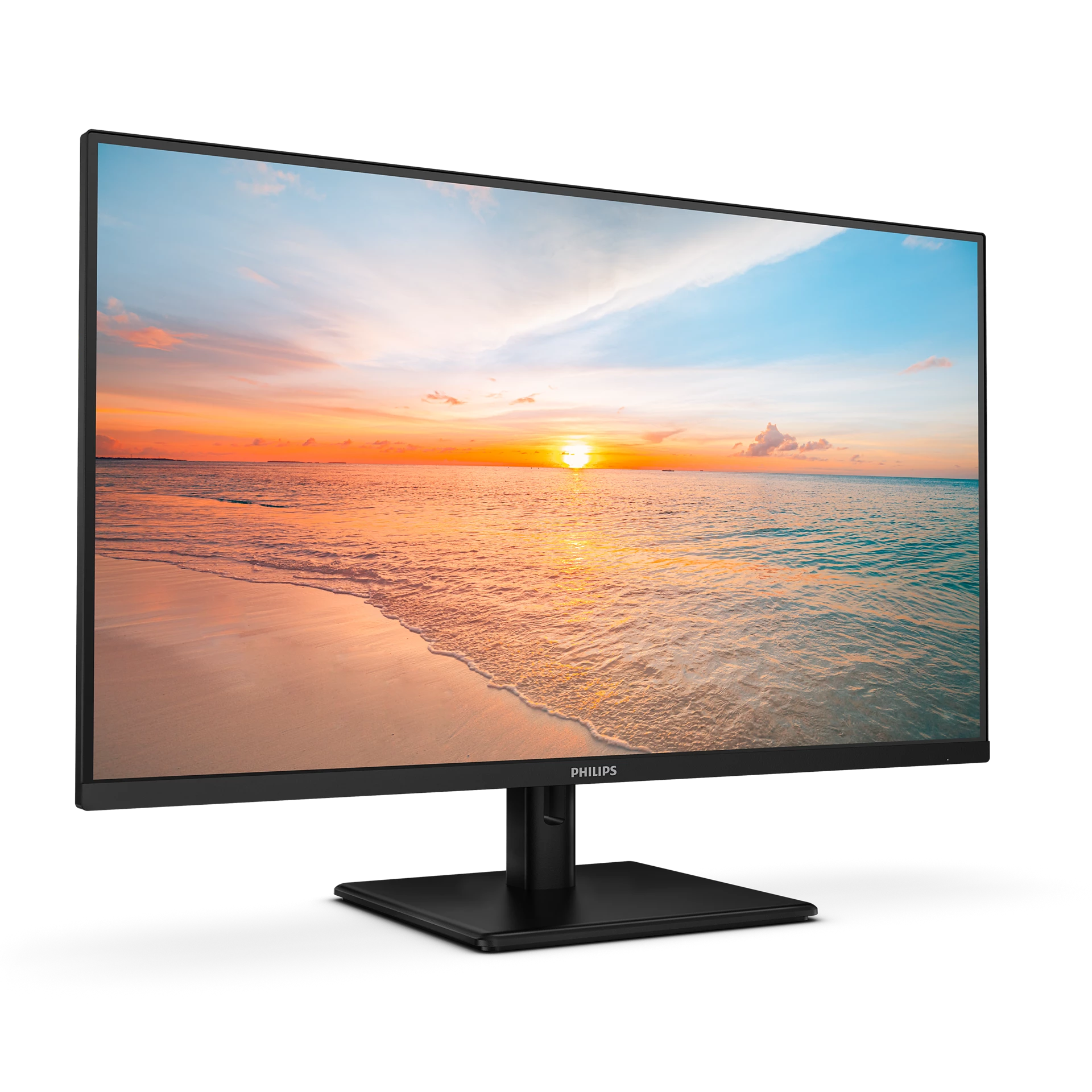 Monitor de computadora negro que muestra una escena de puesta de sol sobre el océano.