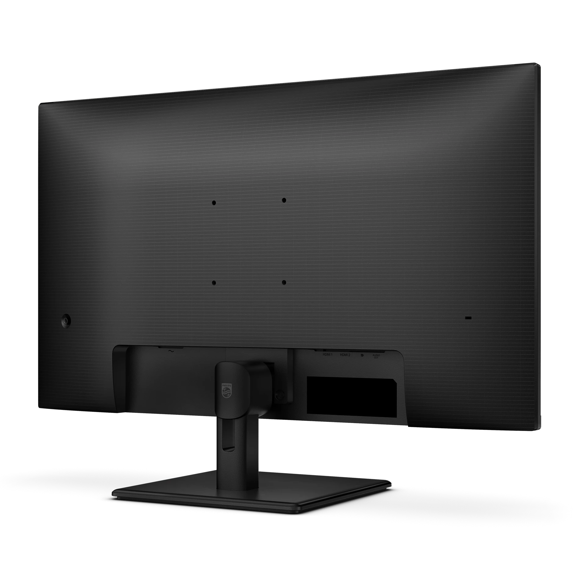 Vista trasera de un monitor de computadora negro sobre un soporte negro. Puertos y agujeros de tornillos.