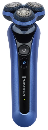 Niebiesko-czarna golarka elektryczna na białym tle, widok pod kątem.