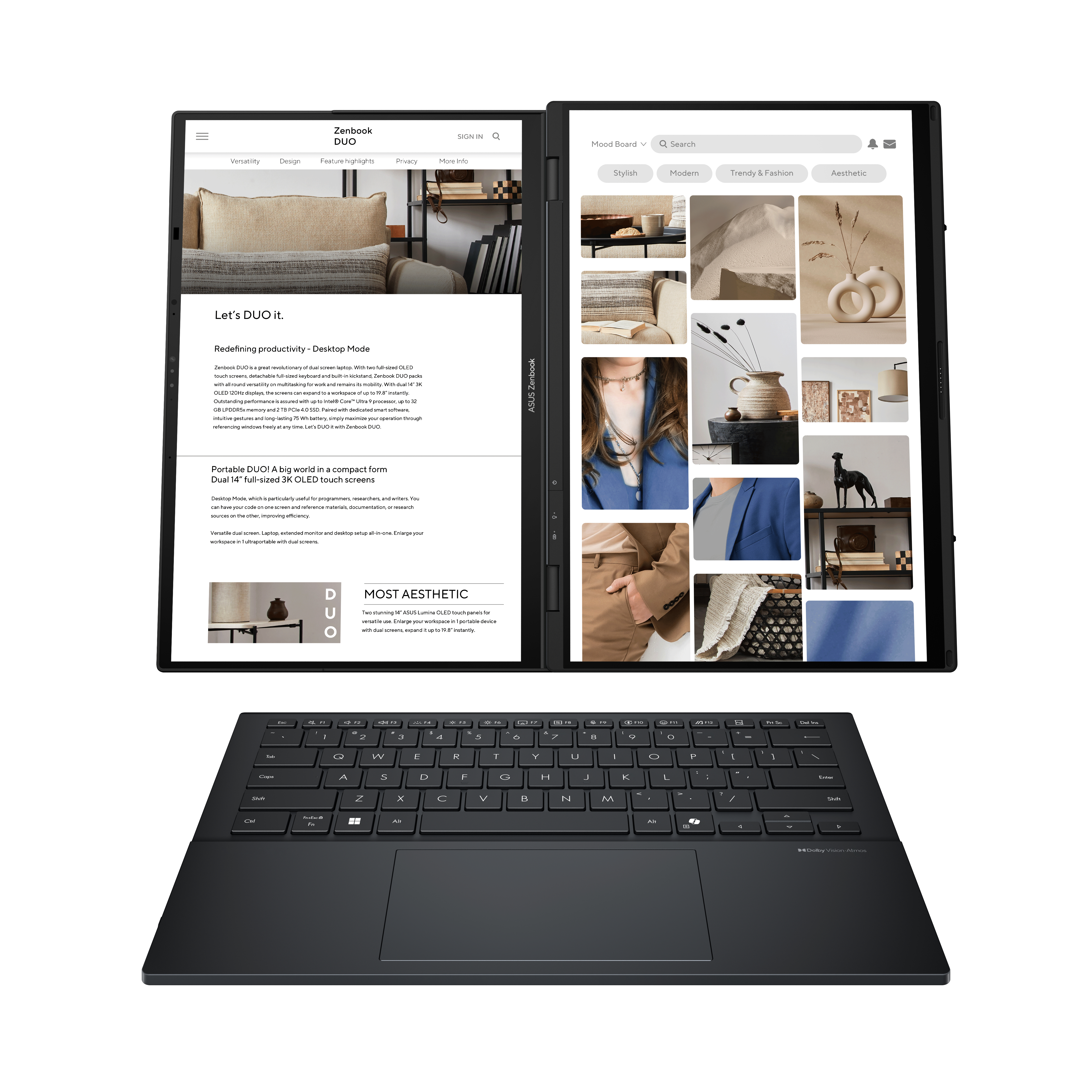 Laptop mit zwei Bildschirmen mit Webinhalten und einer Tastatur darunter.