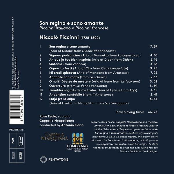 Albumcover mit Text und einer Titelliste. Das Album ist von Niccolò Piccinni, mit dem Titel 'Son regina e sono amante'.