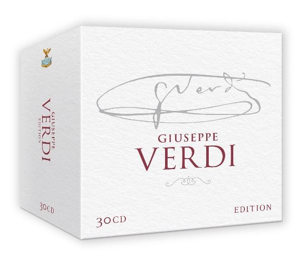 Giuseppe Verdi Edition Box-Set. Weiße Box mit Verdis Namen und Unterschrift.