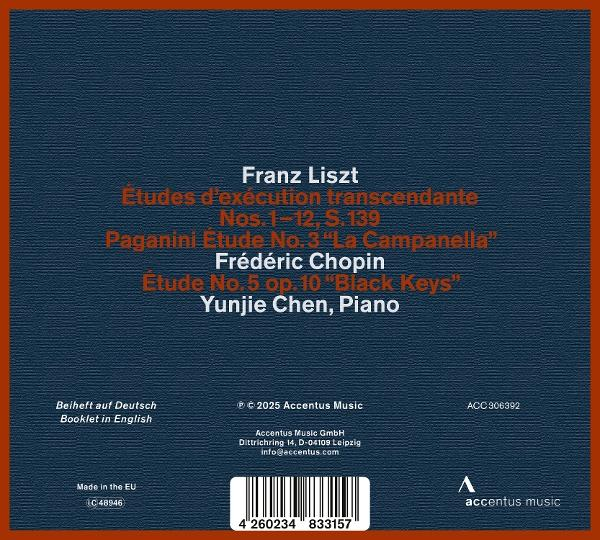 Ein blaues Albumcover mit Text über Klaviermusik von Franz Liszt und Frédéric Chopin.