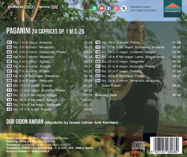 CD-Cover mit einem Mann, der Mandoline spielt, mit dem Titel 'Paganini 24 Caprices Op. 1 M.S. 25'.