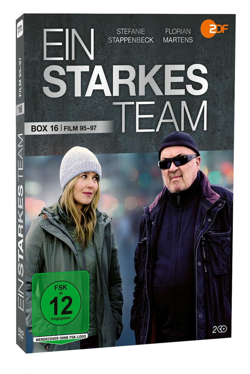 Ein DVD-Cover für 'Ein Starkes Team' mit einem Mann und einer Frau in einer Stadtszene.