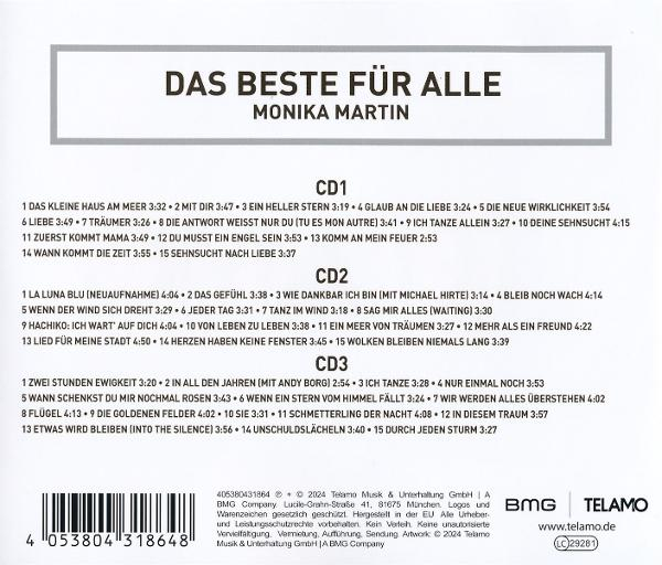CD-Cover mit Titel "Das Beste für Alle" von Monika Martin und Tracklists.