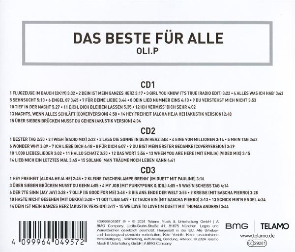 CD-Cover mit Titelliste. Titel: 'Das Beste für Alle - OLI.P'. Die Schrift ist weiß.