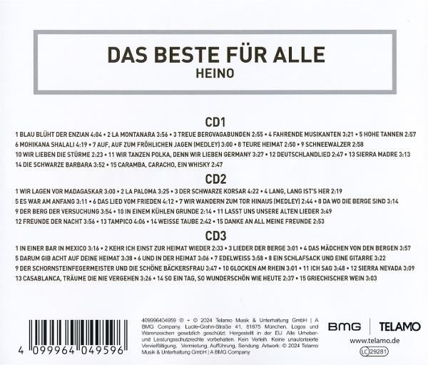 CD-Cover mit Text. Der Titel lautet 'DAS BESTE FÜR ALLE', und eine Liste der Songs ist angegeben.