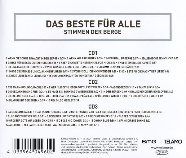 CD-Cover mit Trackliste auf Deutsch. Titel: Das Beste Für Alle, Interpret: Stimmen Der Berge, und ein Barcode.