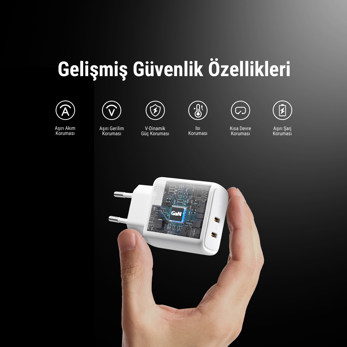Bir el, güvenlik simgeleri olan beyaz bir şarj cihazı tutuyor. Metin: Gelişmiş Güvenlik Özellikleri.