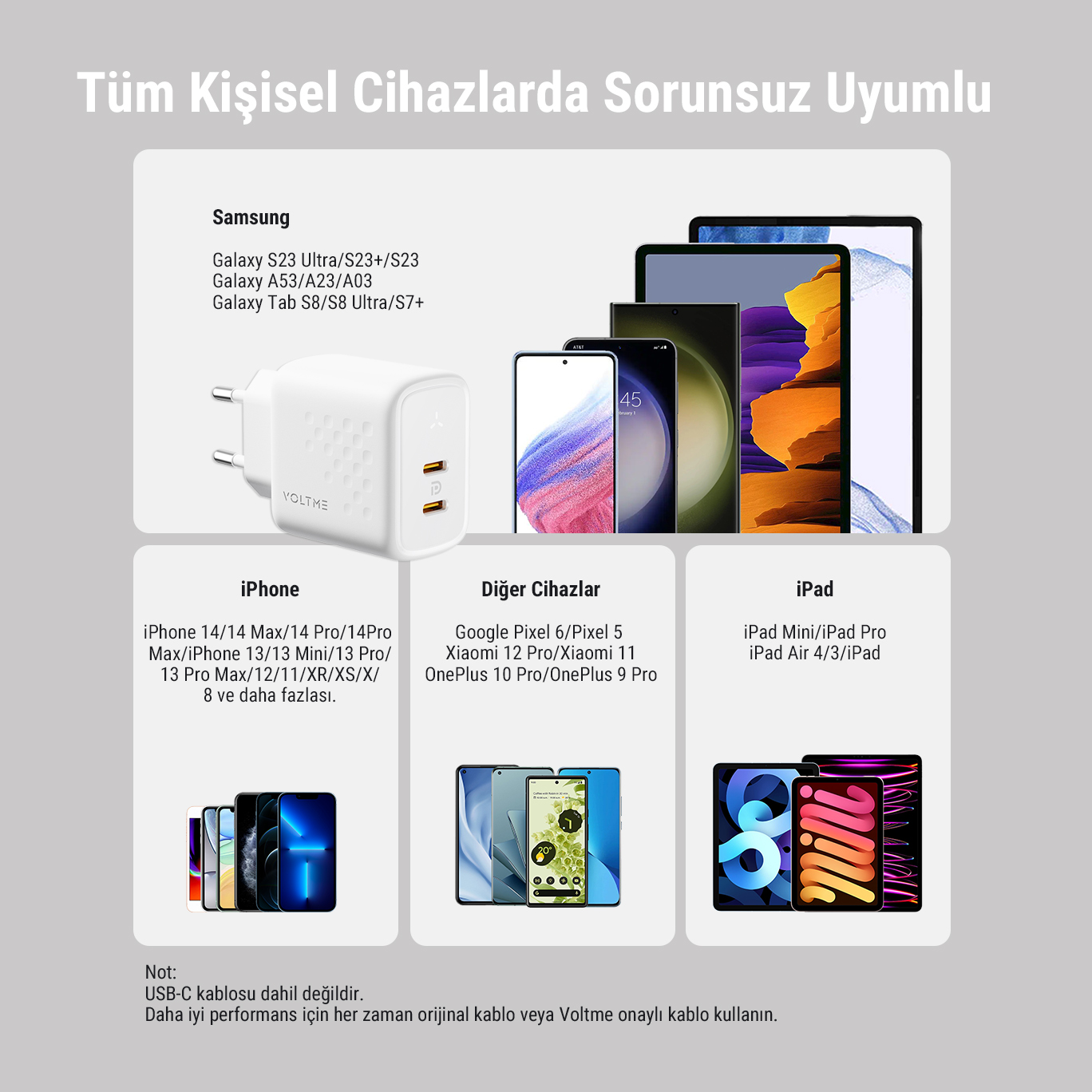 Beyaz şarj cihazı ve telefonlar, tabletler görüntüleniyor. Türkçe, İngilizce metin. Siyah arka plan.