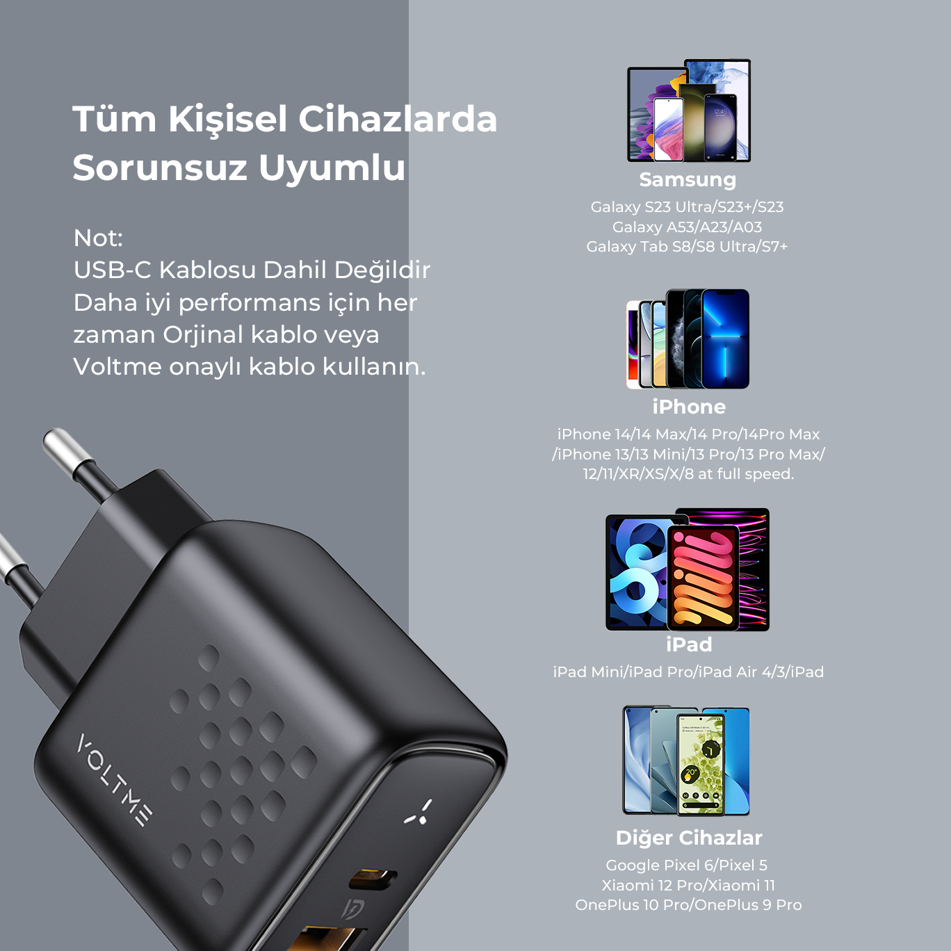 Çoklu telefon ve tablet modelleriyle siyah şarj cihazı. Şarj cihazının üstünde uyumlu cihazlar hakkında bilgi içeren metin.