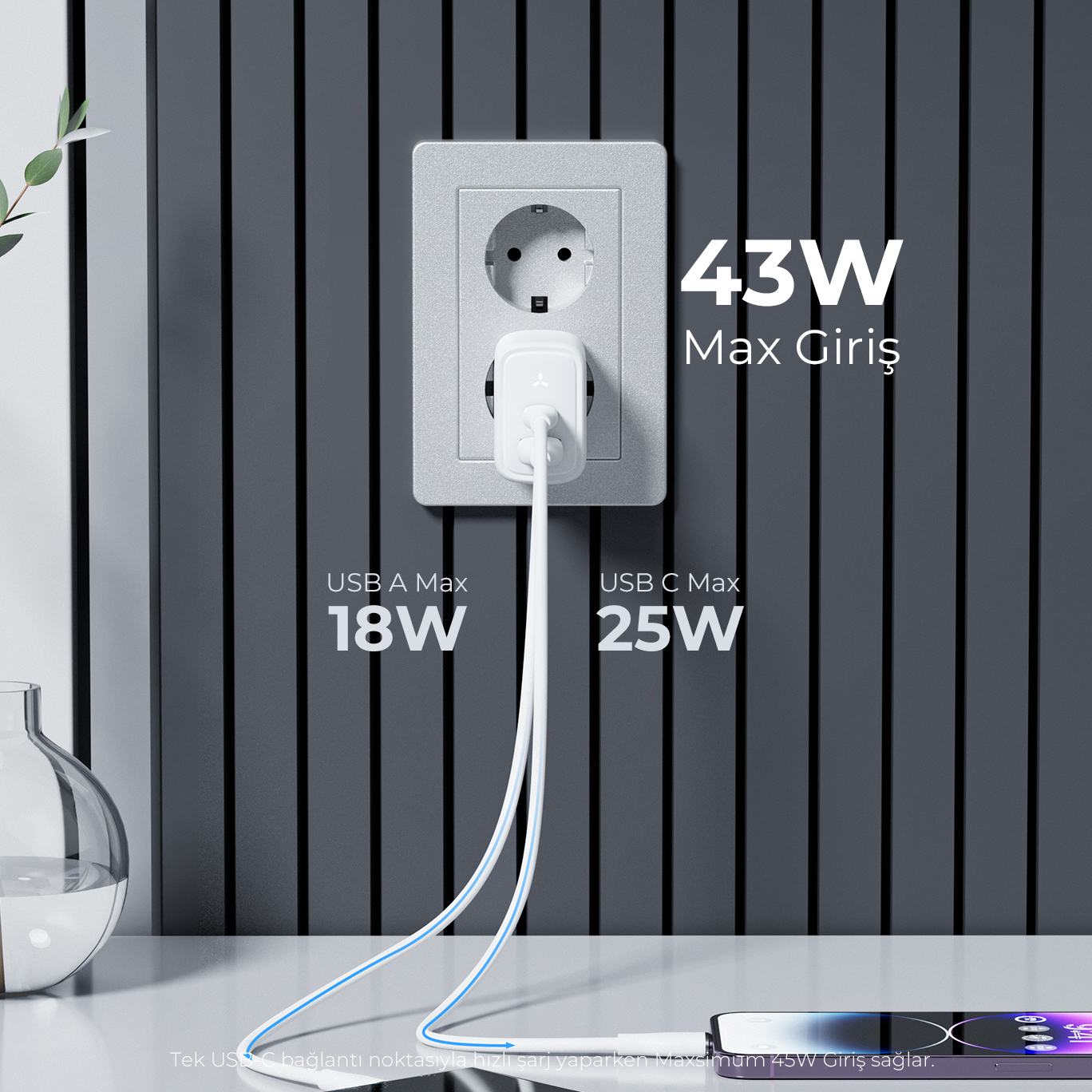 Her iki USB bağlantı noktasının gücünü gösteren, takılı bir şarj cihazı olan bir priz.