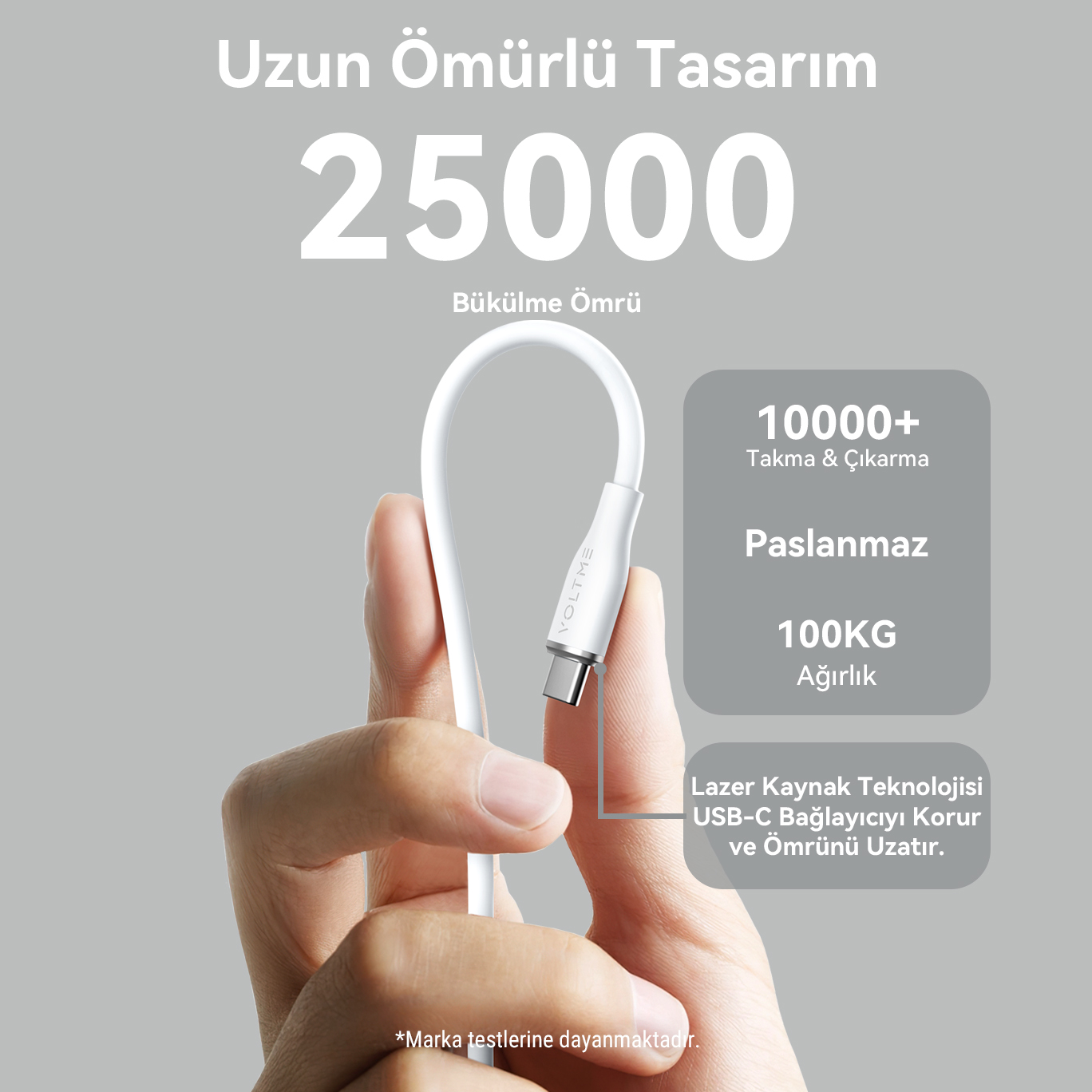 Metinli beyaz bir USB-C kablosu ve ucunu tutan bir el.