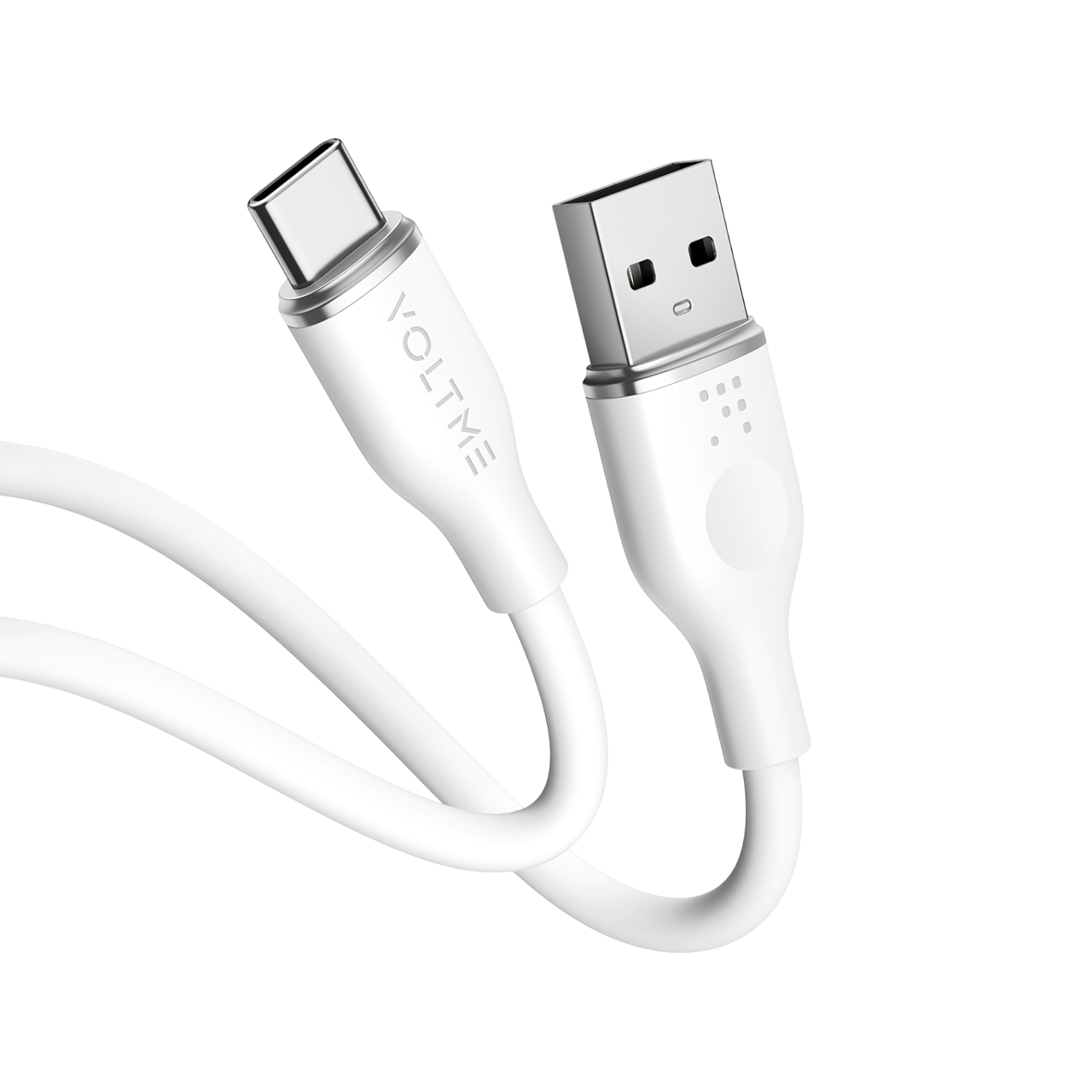 Beyaz tasarımlı ve Voltme logolu beyaz USB-C - USB kablosu.