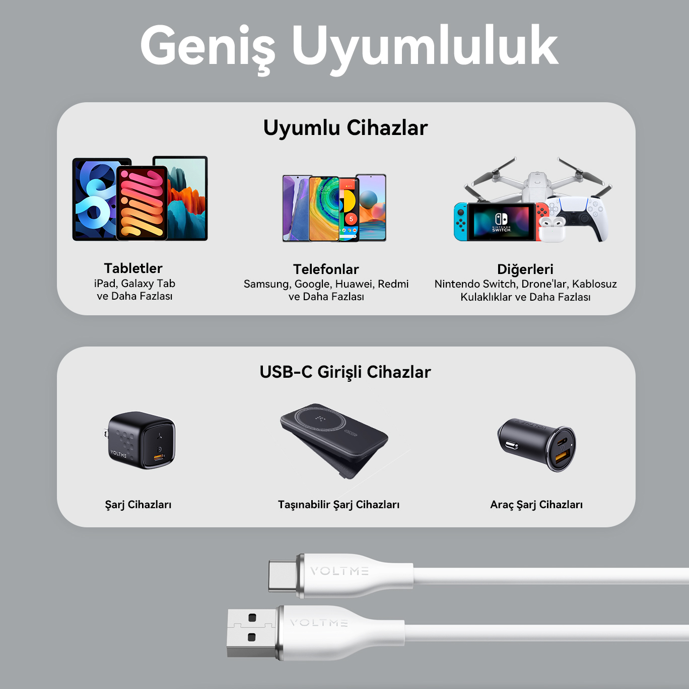 USB-A konektörü ve USB-C konektörü olan beyaz USB-C kablosu.
