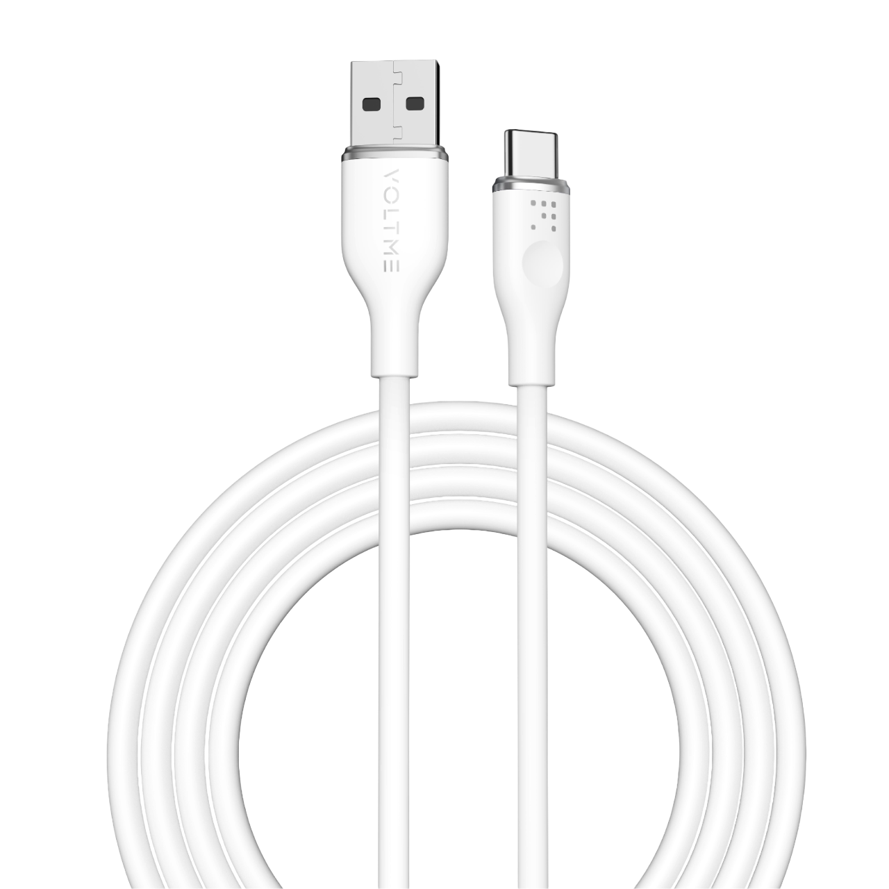 Beyaz bir USB - USB-C kablosu. Kablo sarılı.
