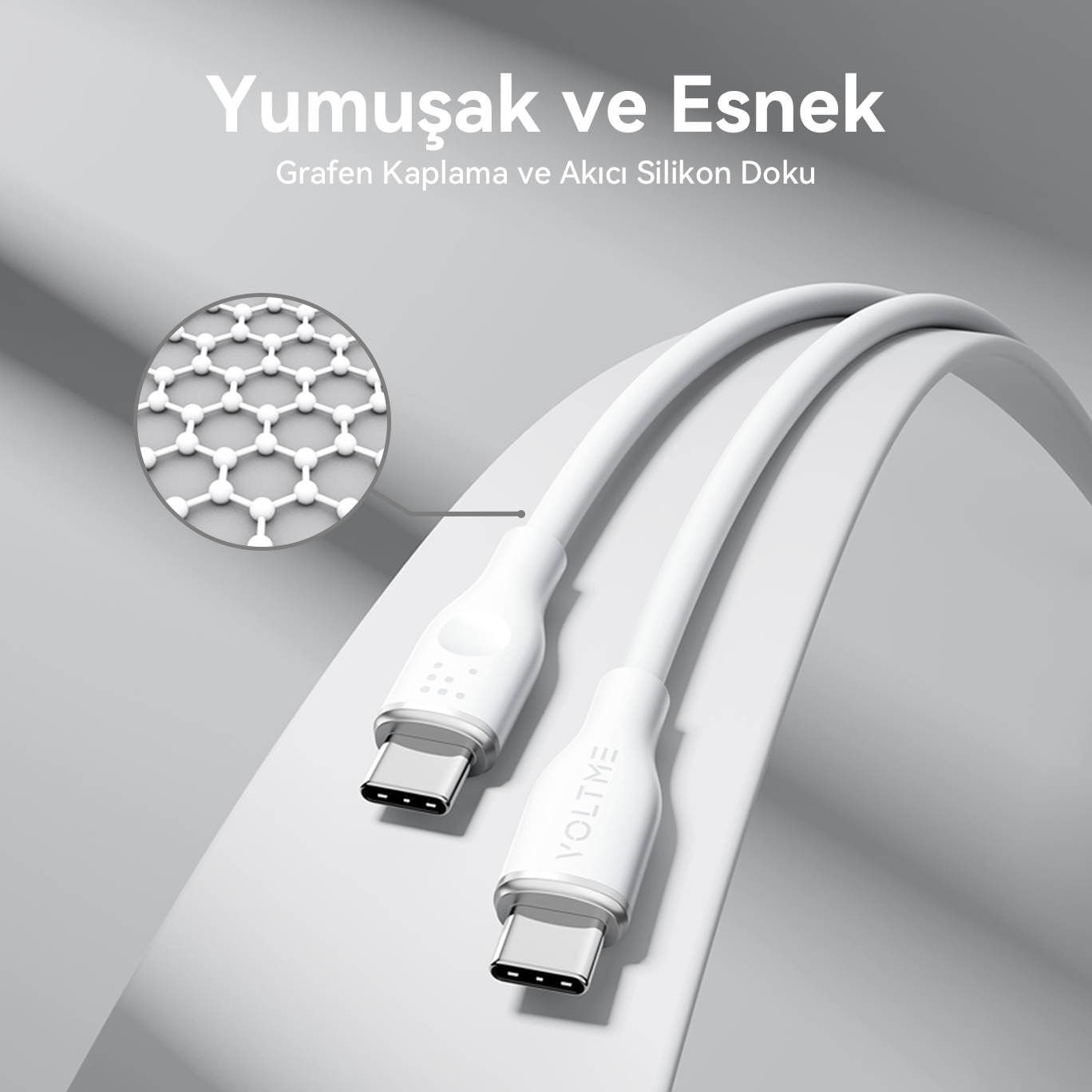 Beyaz USB-C kablosu, kablonun iç yapısının detaylı grafiği ve VOLTME logosu ile.