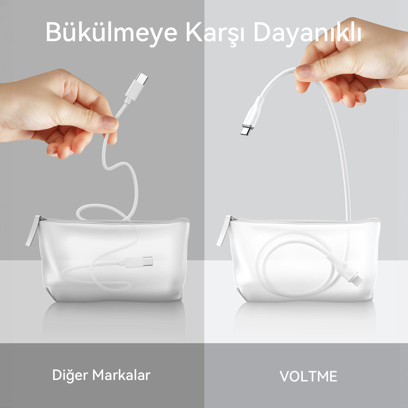 Gri arka plan üzerinde iki beyaz USB-C kablosu, biri düz, diğeri bükülmüş. Eller onları tutuyor.