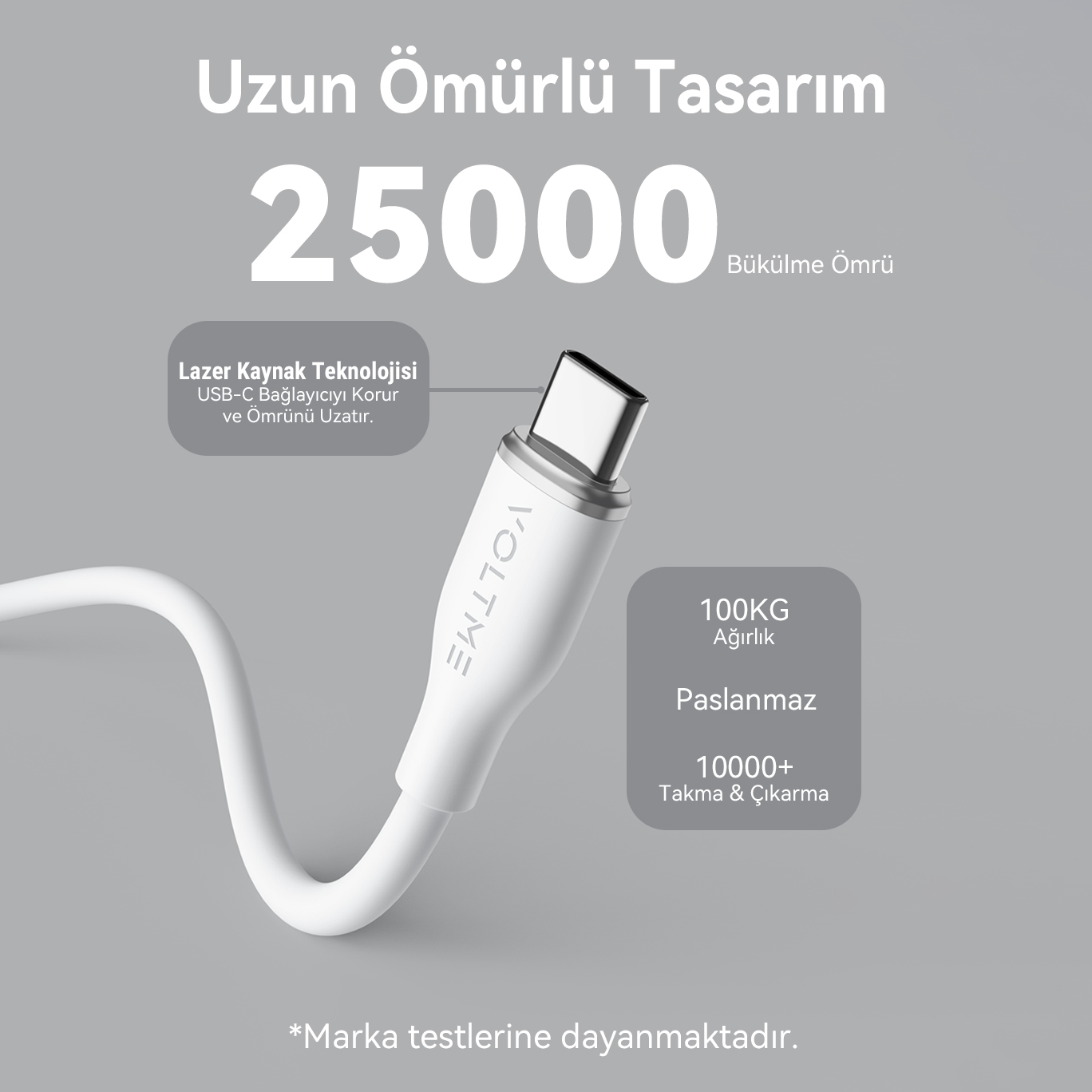 Beyaz USB-C kablosu ve konektörü. Gri bir ucu ve 'VOLTME' logosu var. Metin dayanıklılık ayrıntılarını içerir.