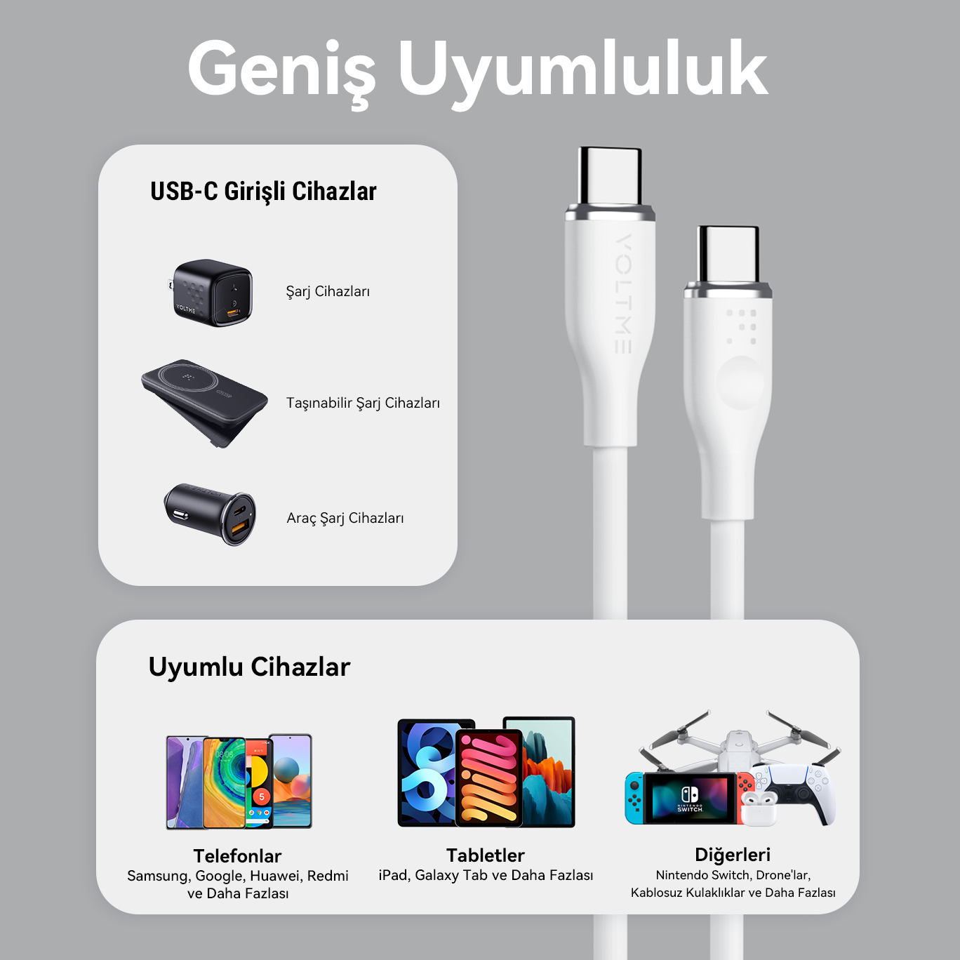 Görüntü, USB-C şarj cihazlarını, uyumlu cihazları ve bir kabloyu gösteriyor.