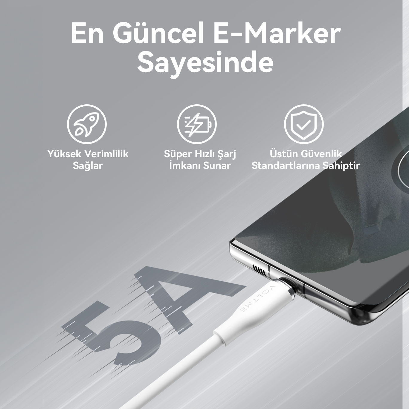 Şarj kablosu takılı bir akıllı telefon. Hızlı şarjı ve güvenlik özelliklerini açıklayan simgeler.