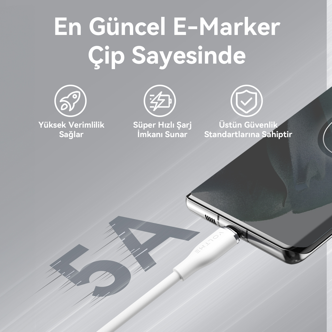 Beyaz bir kablo ile şarj olan bir telefon. Metinler hızlı şarj ve güvenlik özelliklerinden bahsediyor.