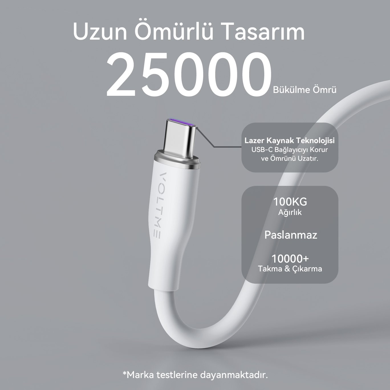 Beyaz bir şarj kablosunun USB-C ucunun yakın çekimi, dayanıklılık ve özellikler hakkında metinle.