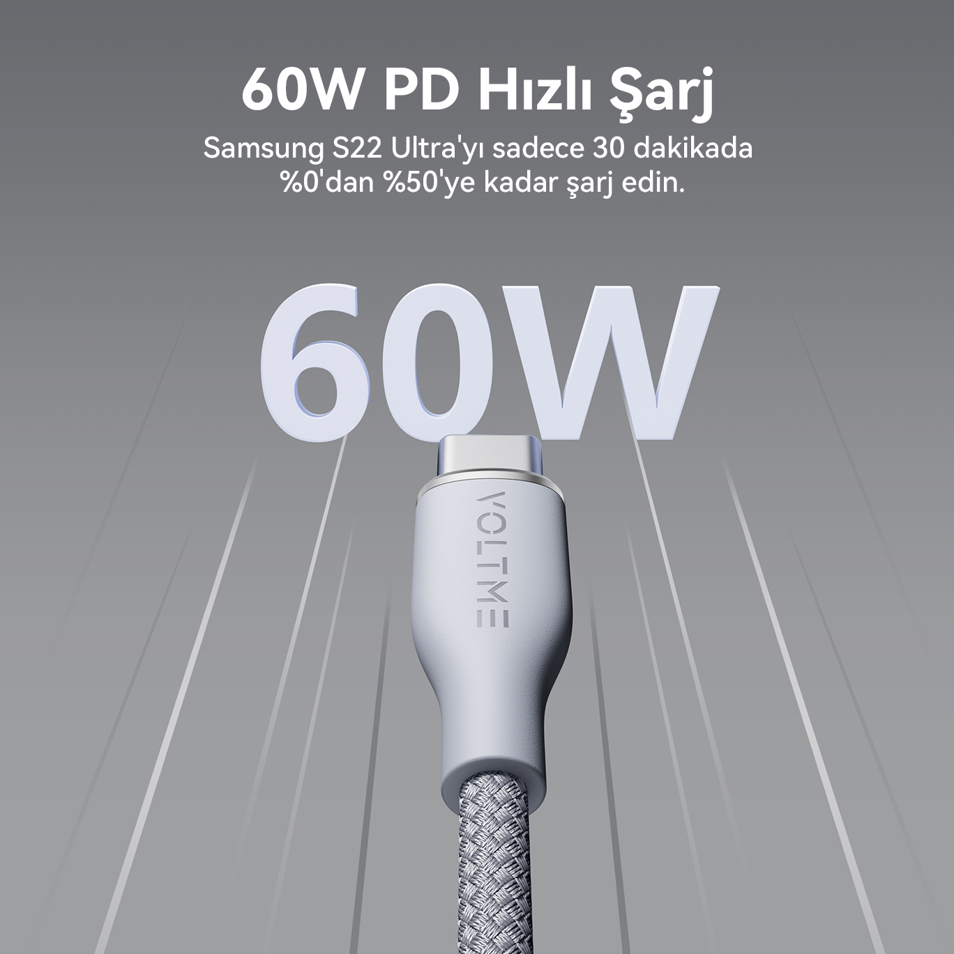Gri bir arka plan üzerinde '60W' ve 'VOLTME' metinli beyaz bir USB-C kablosu.