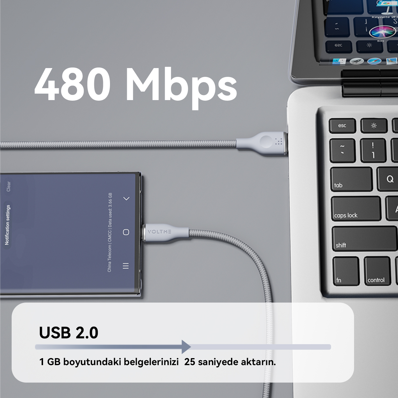 Bir USB kablosuyla bir dizüstü bilgisayara bağlı bir telefon. Metin: USB 2.0, 480 Mbps.