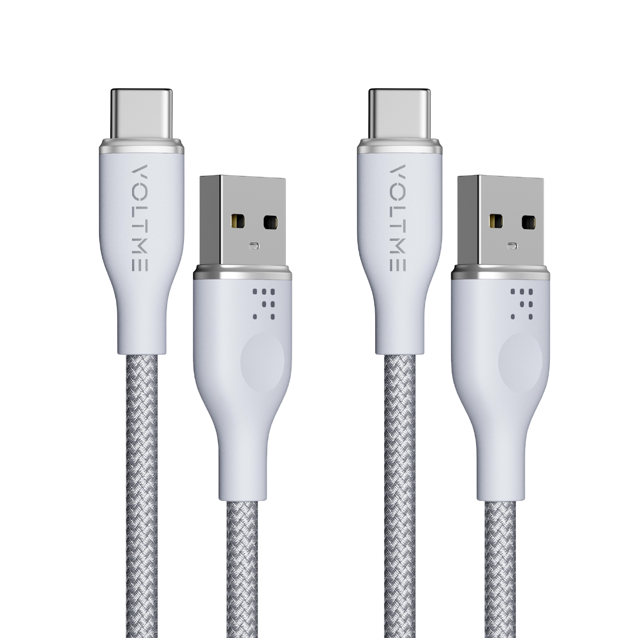 Volme logolu, gümüş örgülü ve konektörlü iki beyaz USB-C kablosu.
