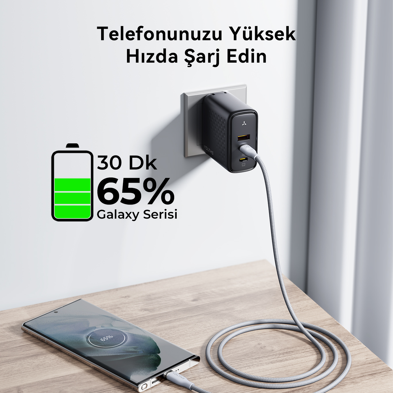Duvar prizine takılı siyah bir şarj cihazıyla şarj olan akıllı telefon. Metin: Telefonunuzu hızlı şarj edin. 30 dk %65.