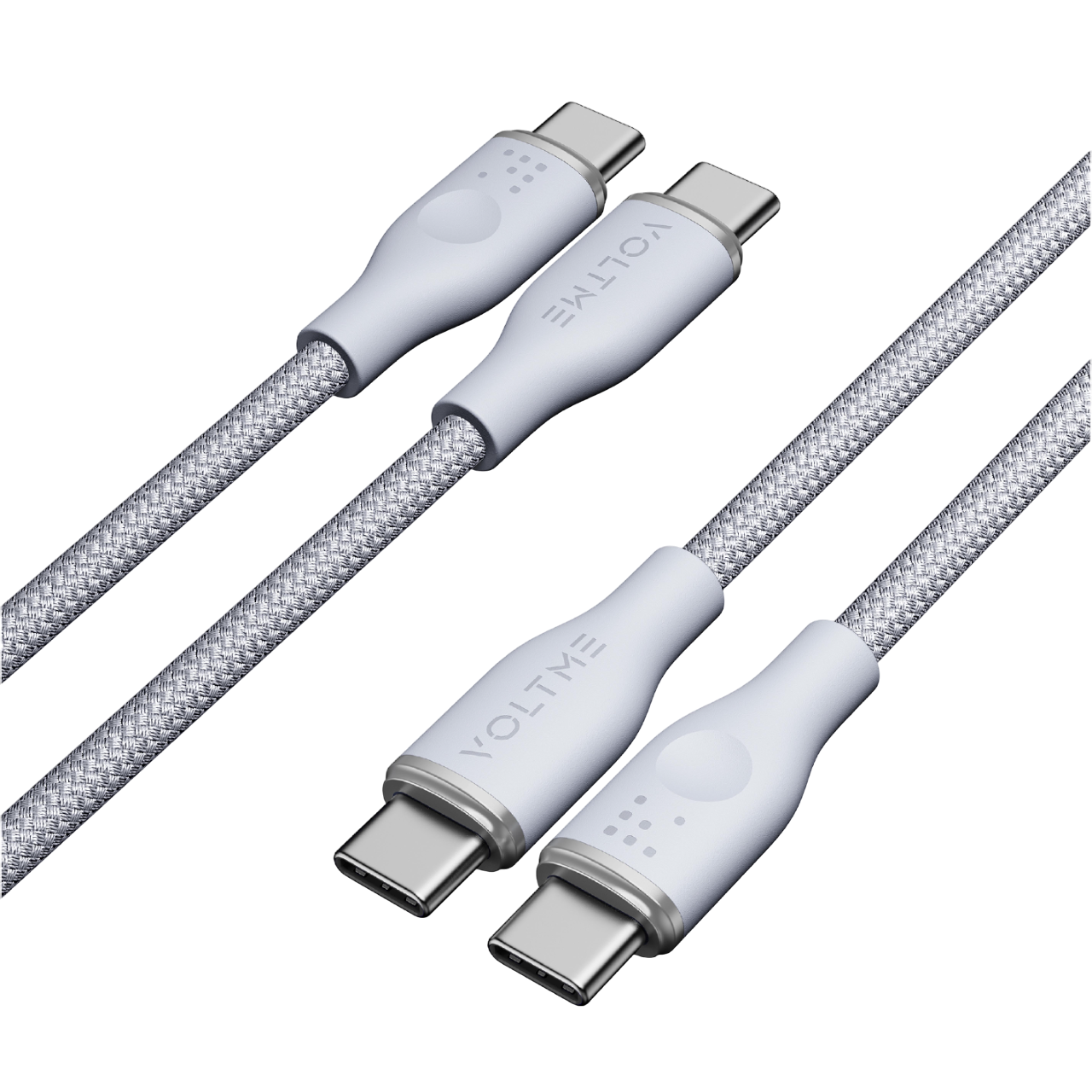 Gümüş örgülü kablolar ve beyaz konektörler ile iki beyaz USB-C kablosu. 'VOLTME' markası konektörlerde görülebilir.