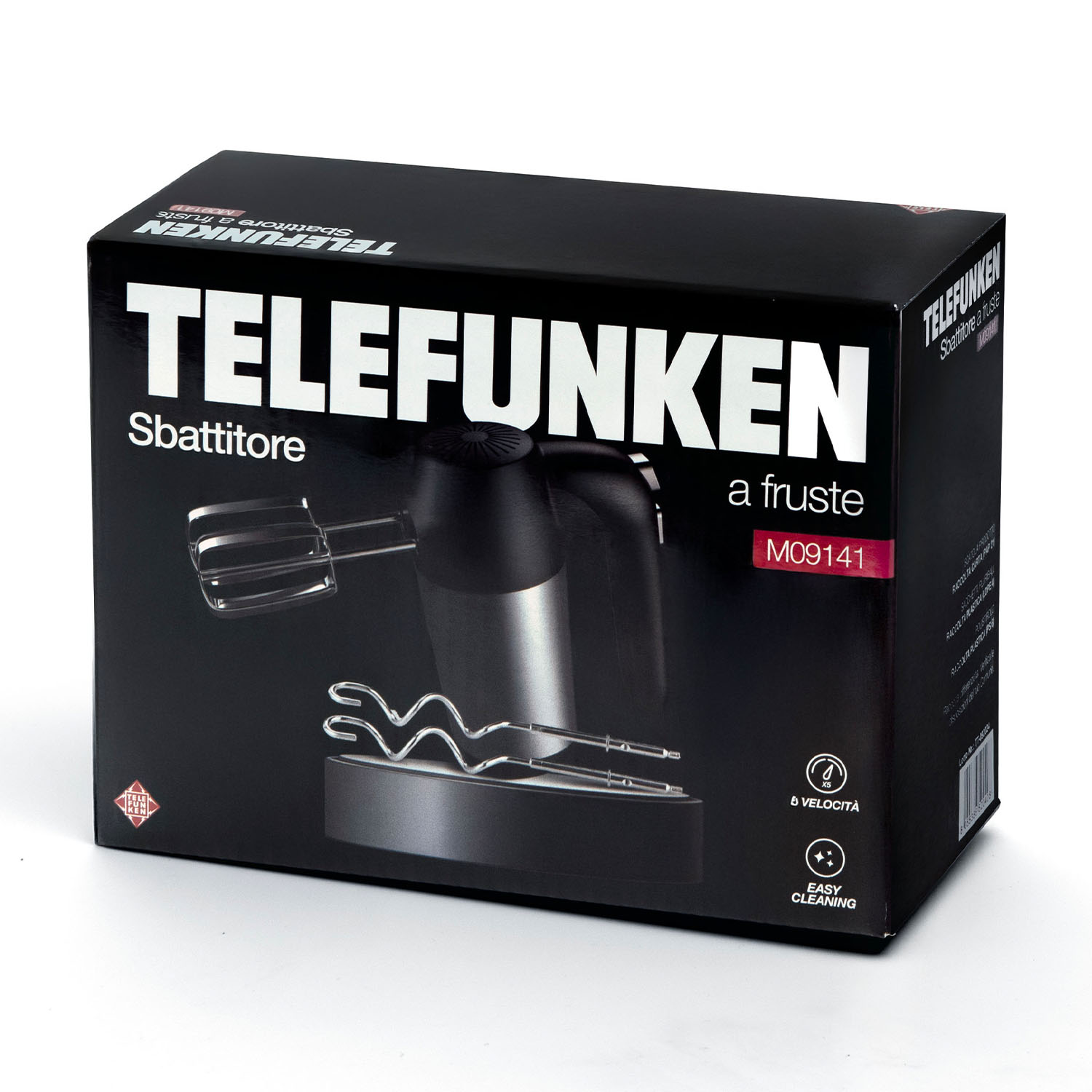 Scatola nera con immagine e testo di frullatore, marchio TELEFUNKEN, sfondo bianco.