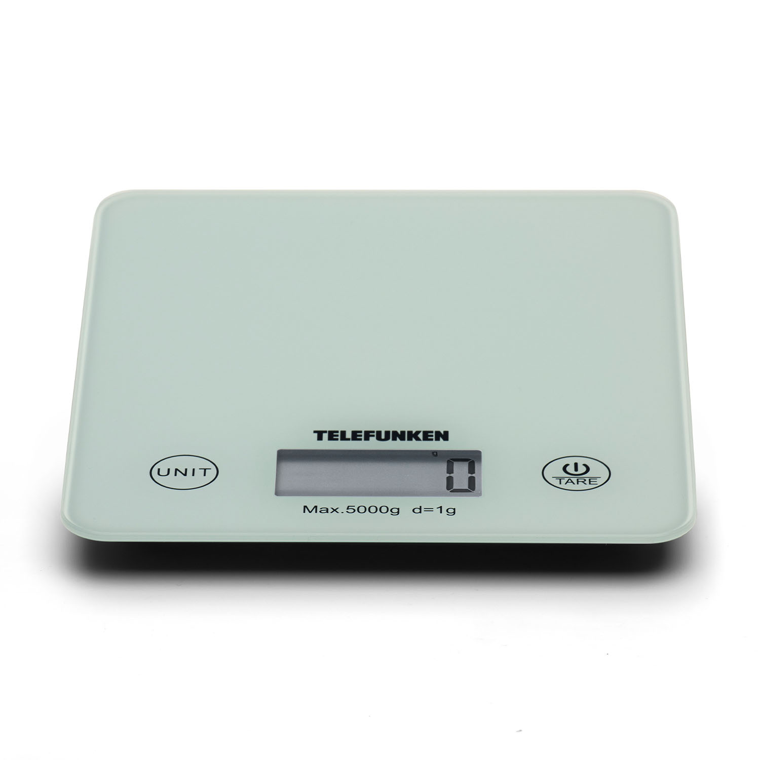 Bilancia da cucina digitale bianca con display e pulsanti.