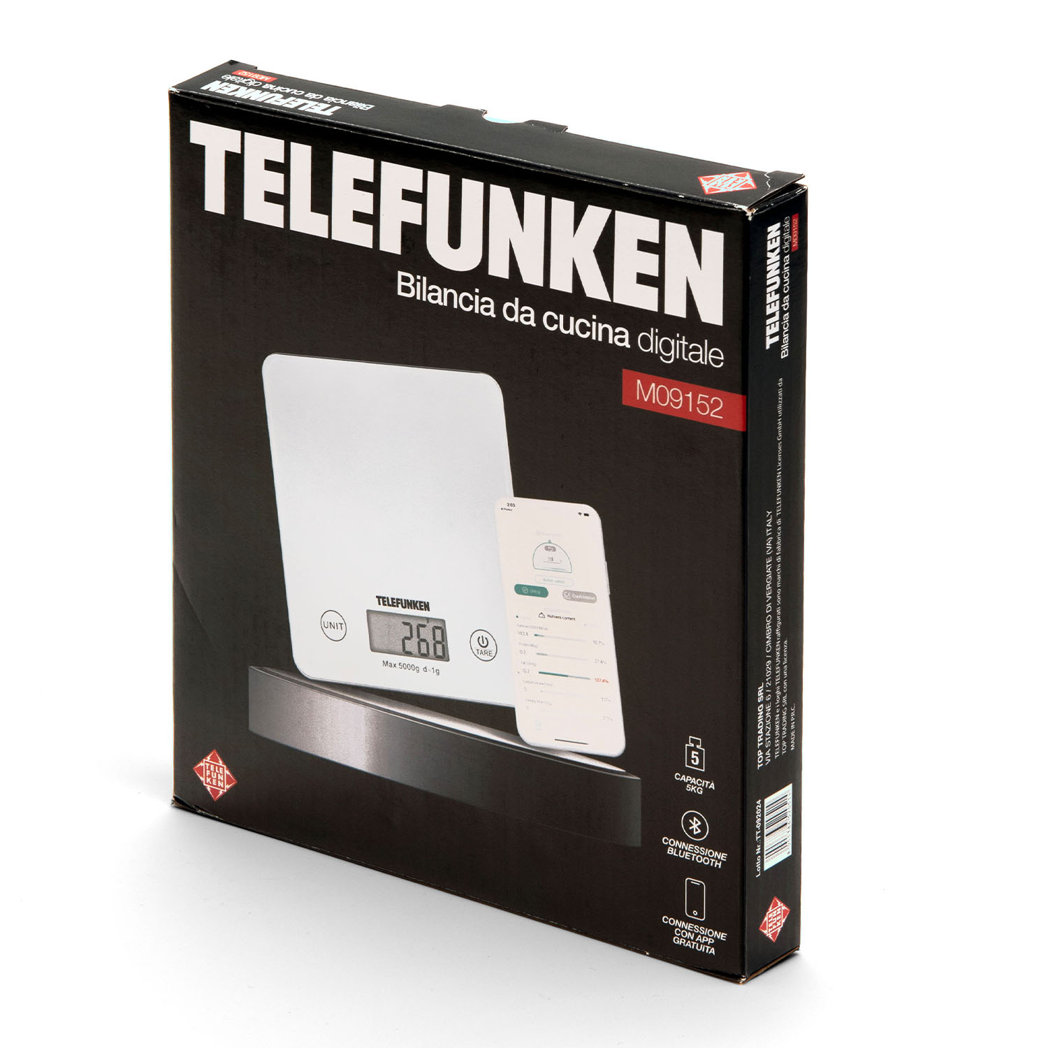 Scatola con bilancia da cucina digitale e telefono. Marchio TELEFUNKEN, nero e bianco.